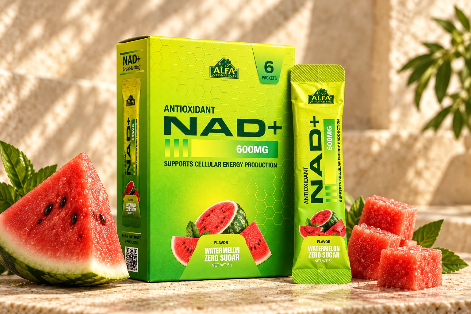 Alfa Vitamins NAD+ Watermelon campaign creative with box and sachet