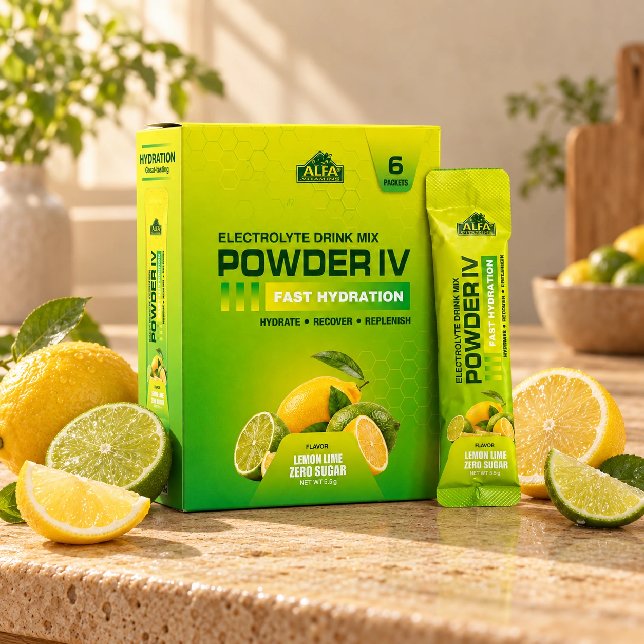 Alfa Vitamins Powder IV Lemon Lime box and sachet with citrus