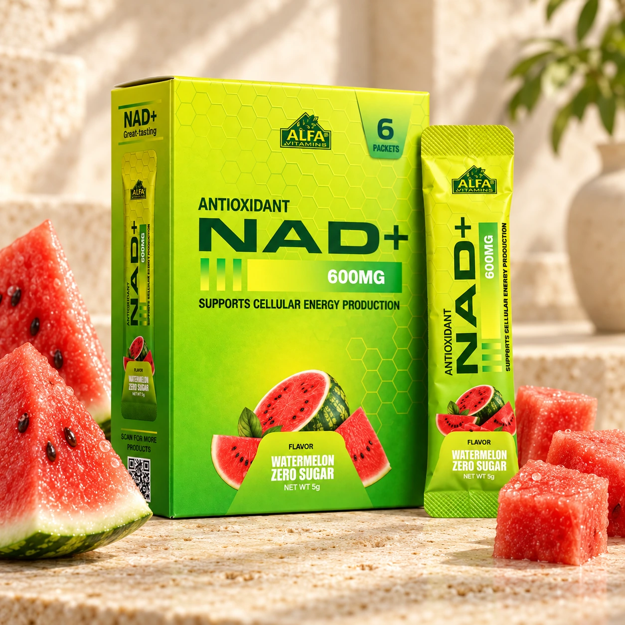 Alfa Vitamins NAD+ Watermelon box and sachet in a fruit-led product scene
