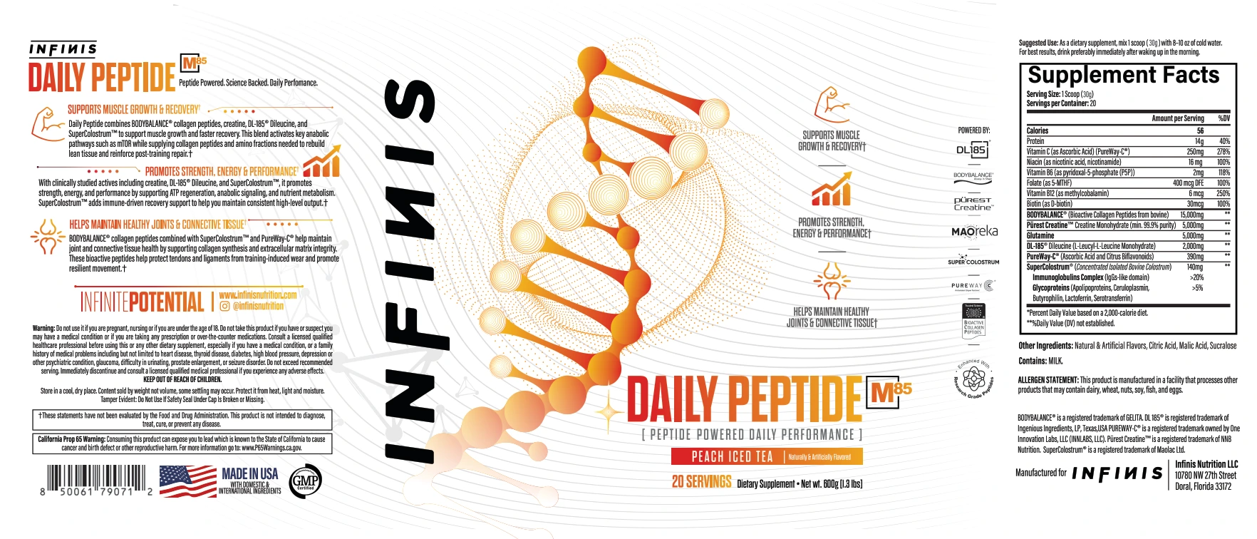 INFINIS Daily Peptide Peach Iced Tea full flat label