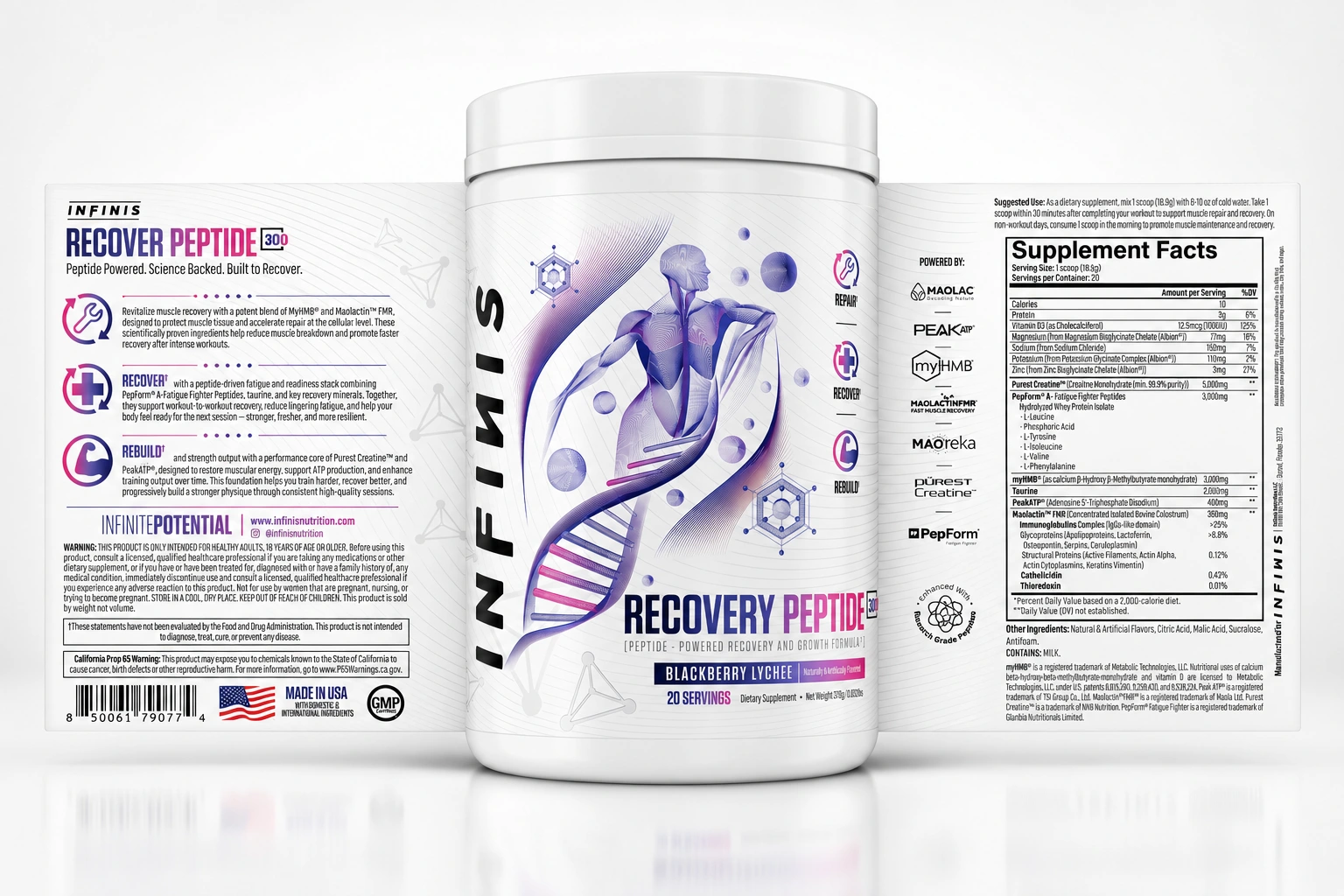 INFINIS Recovery Peptide Blackberry Lychee unwrapped label and product presentation