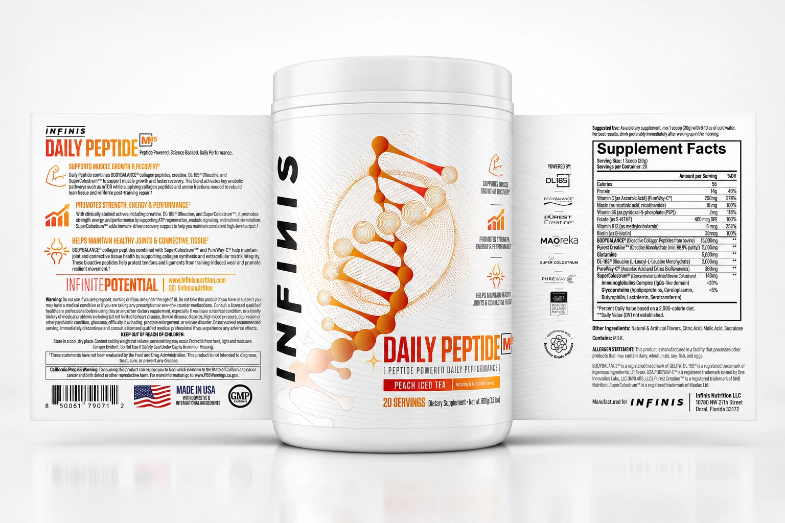 INFINIS Daily Peptide Peach Iced Tea unwrapped label and product presentation
