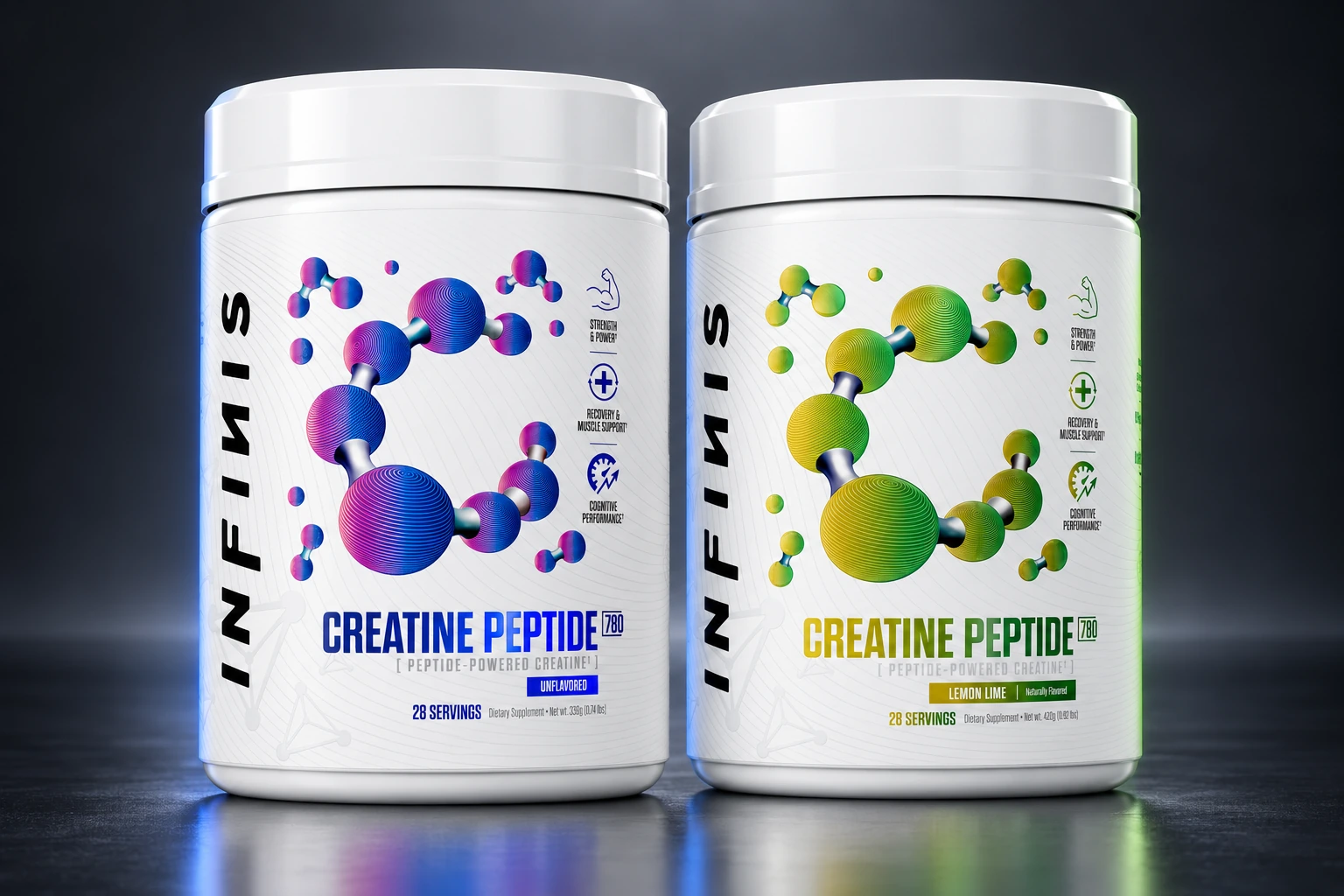 INFINIS Creatine Peptide 780 Unflavored and Lemon Lime in a cool graphite studio