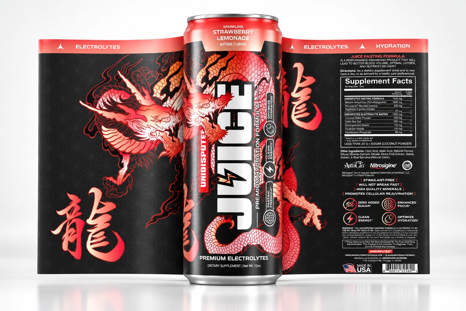 Undisputed JUICE Strawberry Lemonade can with its label unwrapped to both sides