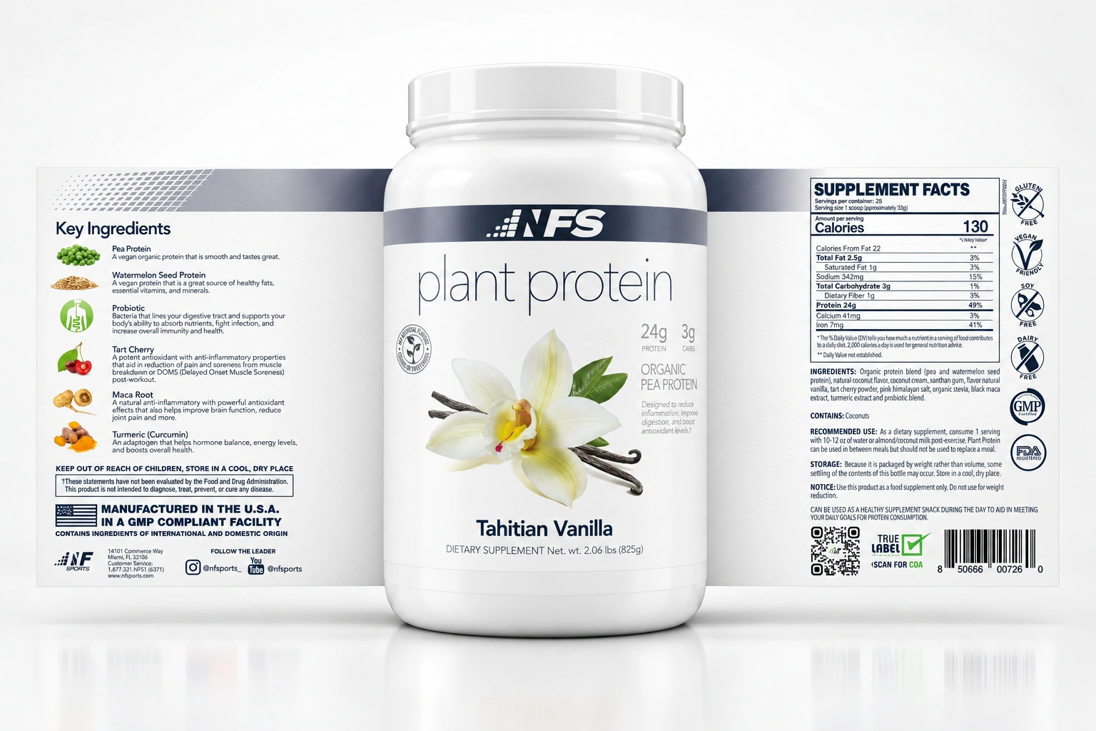 NF Sports Plant Protein Tahitian Vanilla tub with its original label unwrapped to both sides
