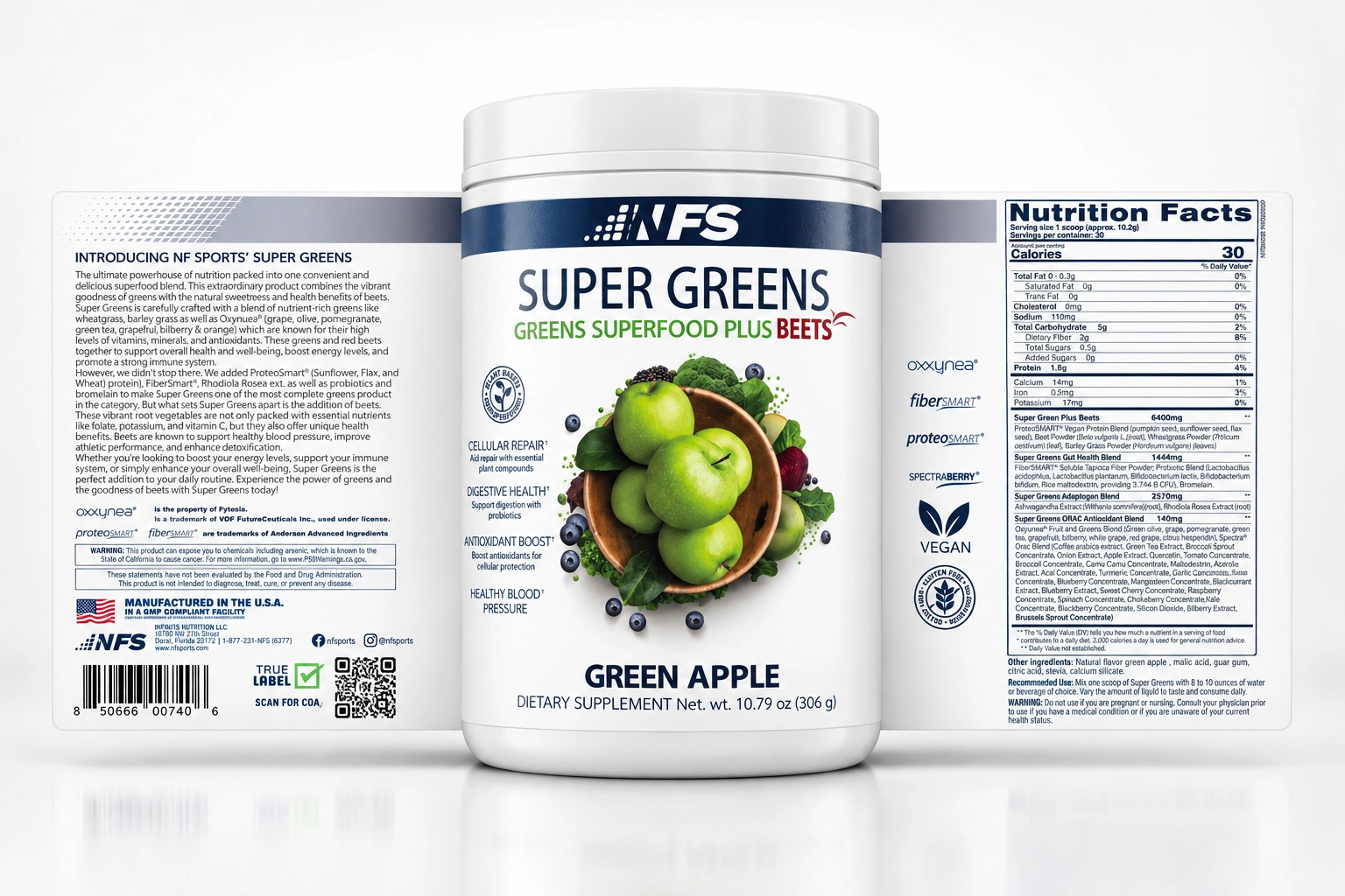 NF Sports Super Greens Green Apple tub with its original label unwrapped to both sides