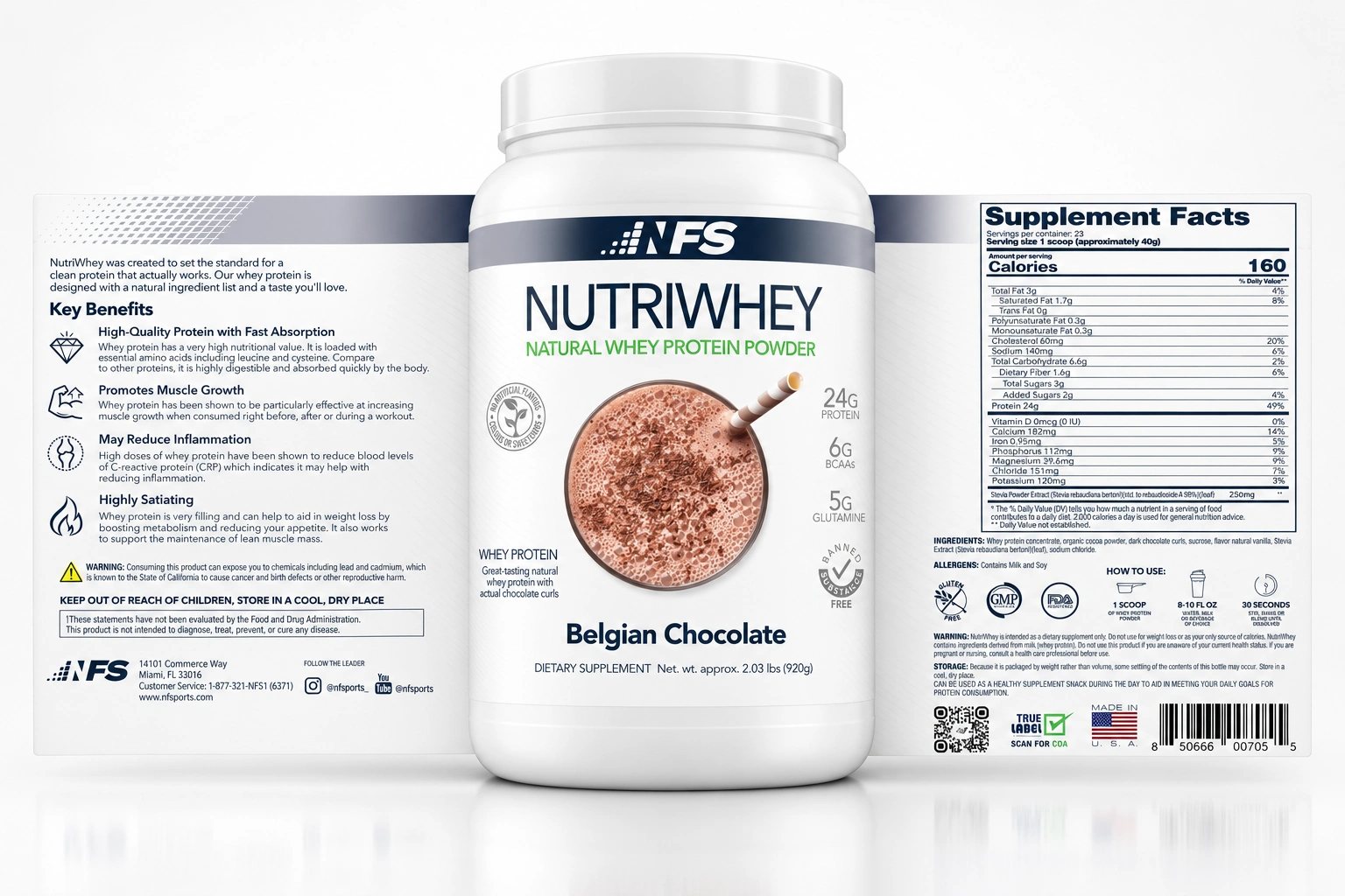 NF Sports Nutriwhey Belgian Chocolate tub with its original label unwrapped to both sides
