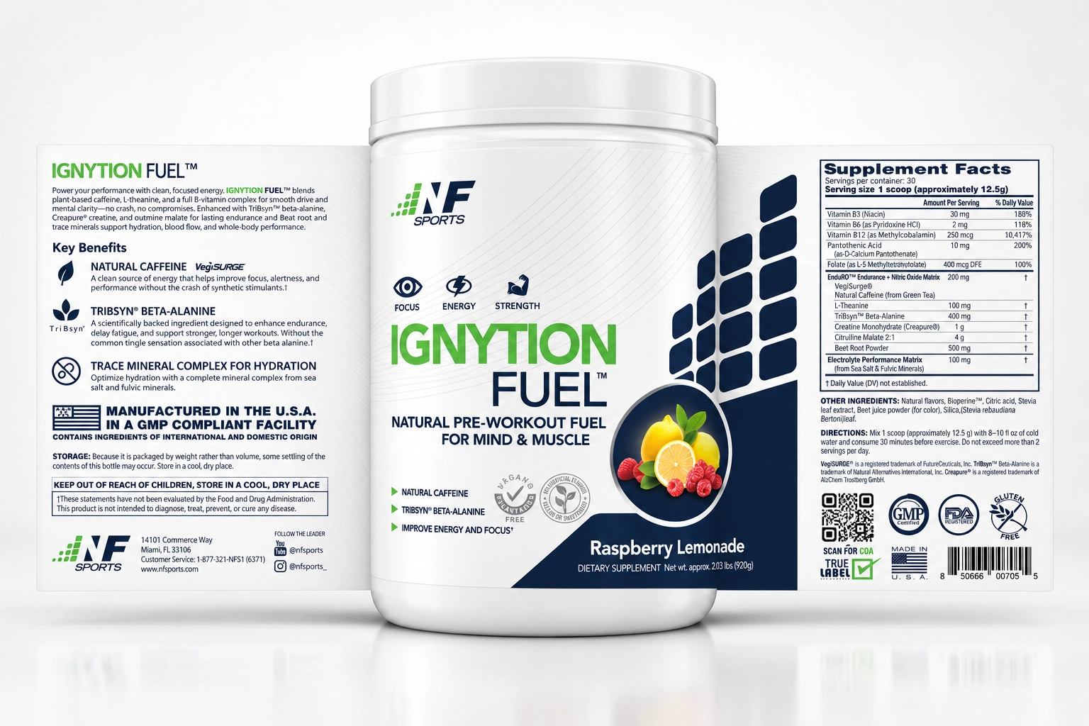 NF Sports Ignytion Fuel Raspberry Lemonade tub with its original label unwrapped to both sides