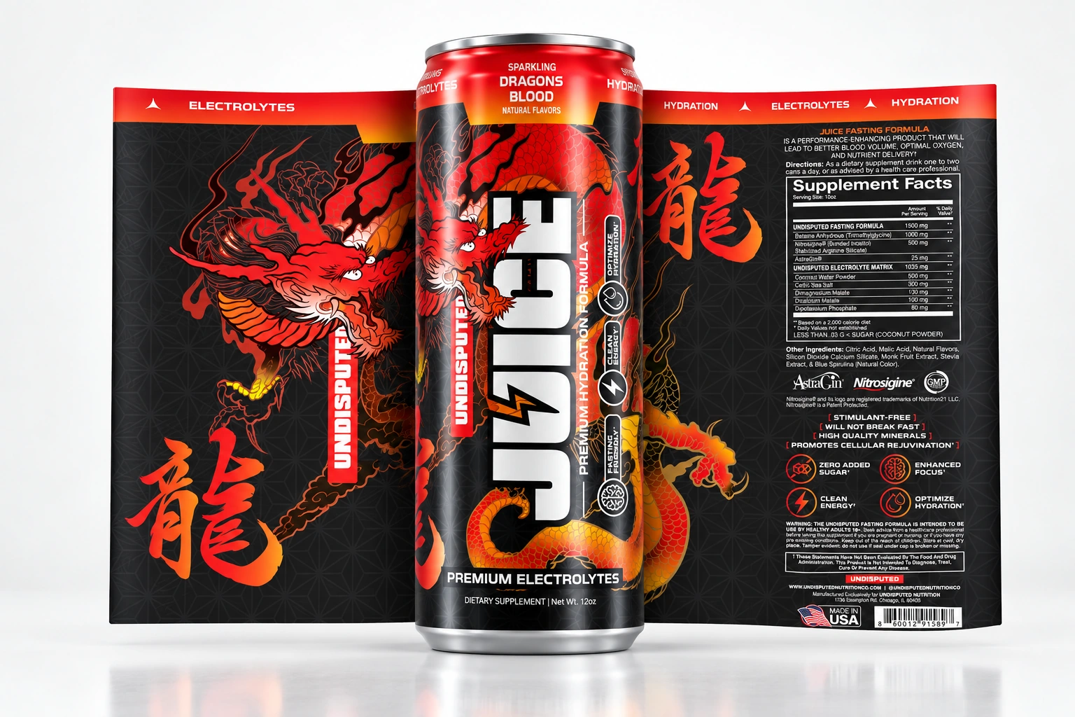 Undisputed JUICE Dragon’s Blood can with its label unwrapped to both sides