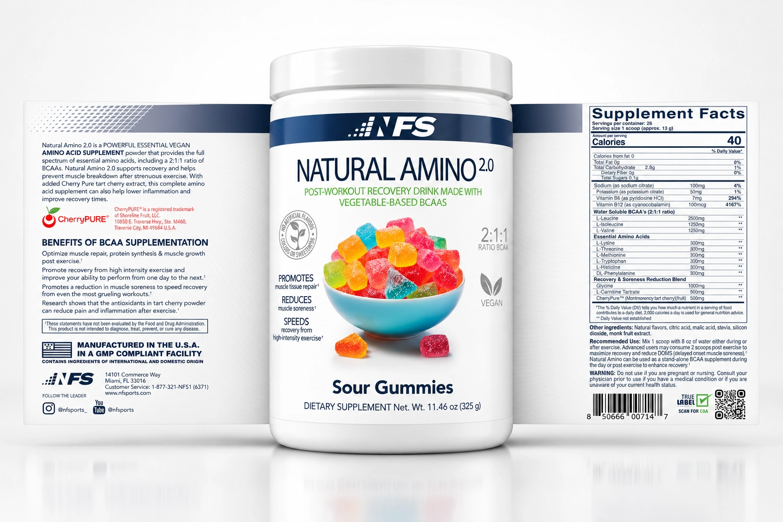 NF Sports Natural Amino 2.0 Sour Gummies tub with its original label unwrapped to both sides