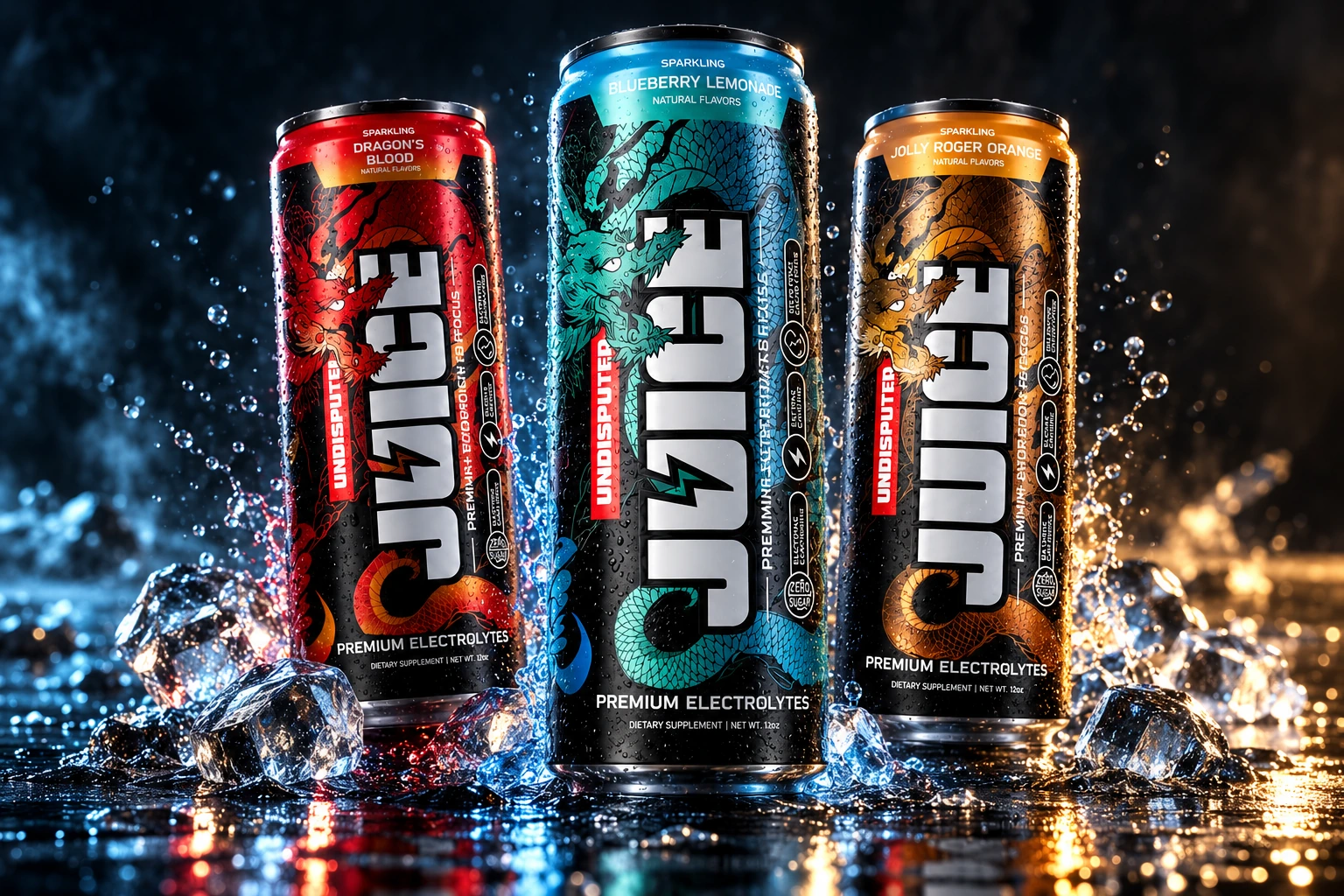 Three Undisputed JUICE cans in a cinematic ice and water campaign scene
