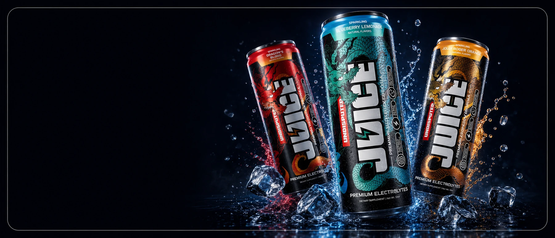 Three Undisputed JUICE cans in a dark water-and-ice product scene