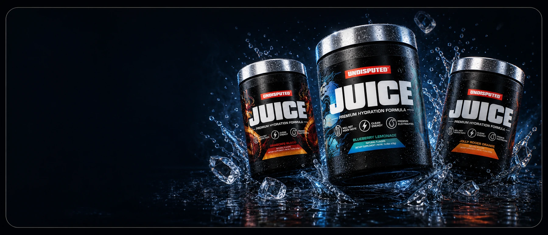 Three Undisputed JUICE hydration tubs in a matching dark product scene